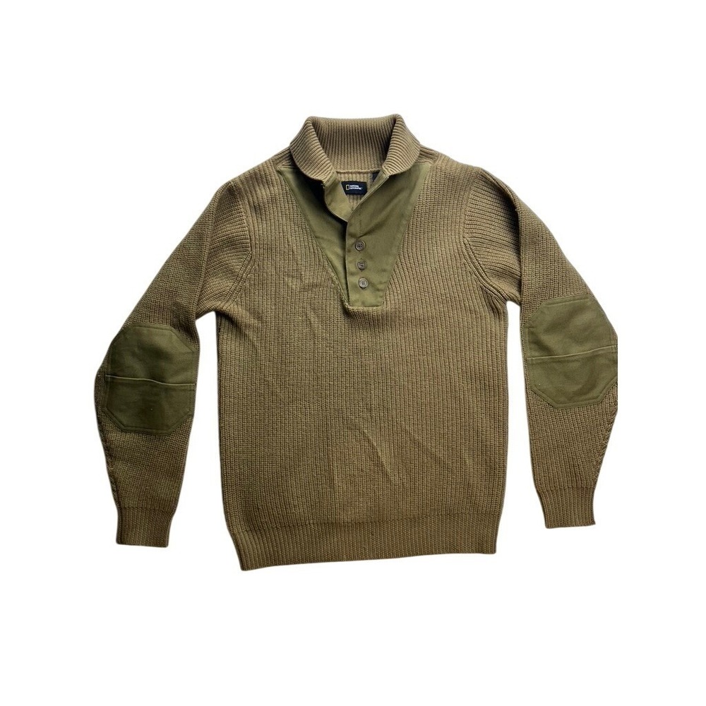 National Geographic Wool Sweater Mens Medium Brown Elbow Patch Pullover Military